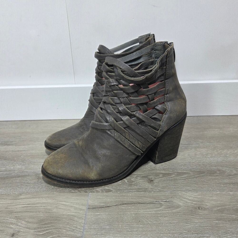 Free People Carrera Gray/Brown Distressed Leather Strappy Ankle Boot 10.5
